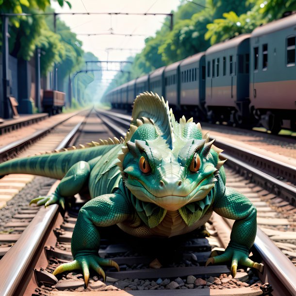 Foto del descanso del basilisco sobre las vías del ferrocarril