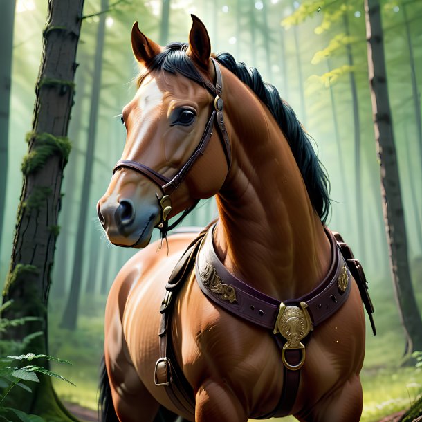 Picture of a horse in a belt in the forest