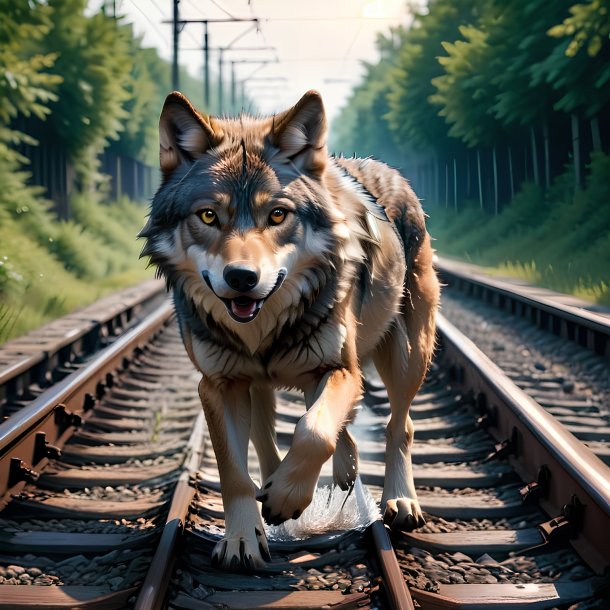 Foto de una natación de un lobo en las vías del tren