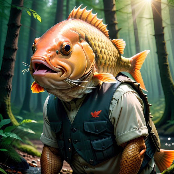 Photo of a carp in a vest in the forest