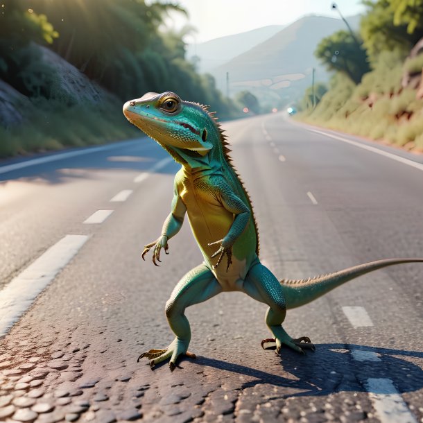 Photo of a jumping of a lizard on the road