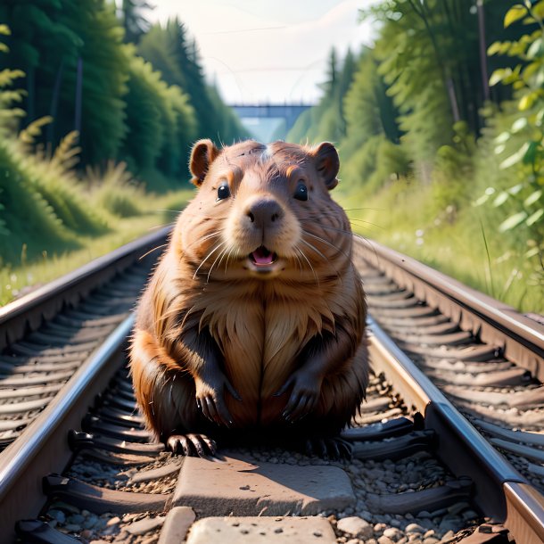 Image of a resting of a beaver on the railway tracks