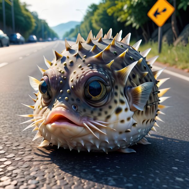 Picture of a resting of a pufferfish on the road