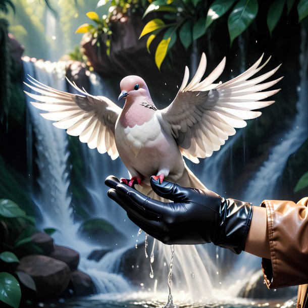 Image of a dove in a gloves in the waterfall