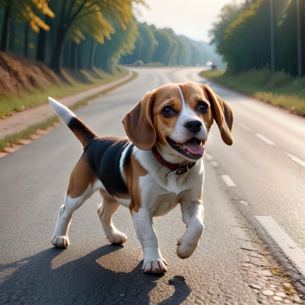 Picture of a dancing of a beagle on the road