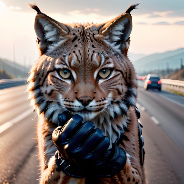 Pic of a lynx in a gloves on the highway