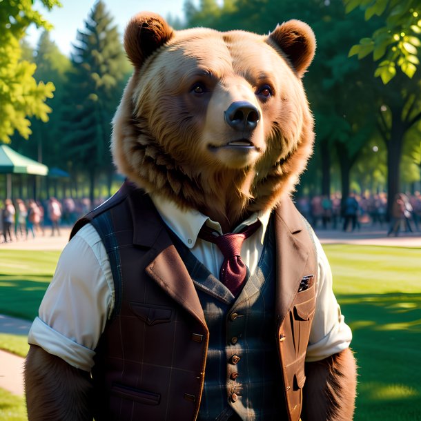 Photo of a bear in a vest in the park