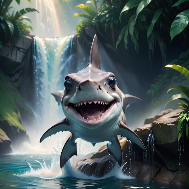 Image of a smiling of a hammerhead shark in the waterfall