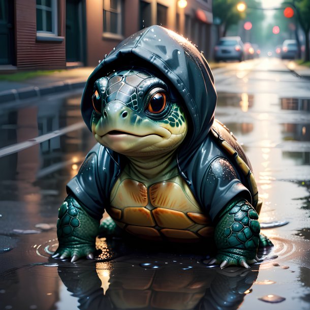 Photo of a turtle in a hoodie in the puddle