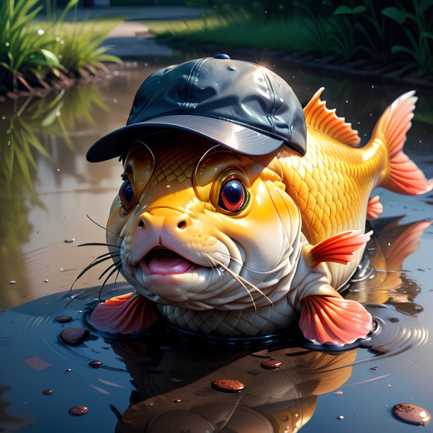 Illustration of a carp in a cap in the puddle