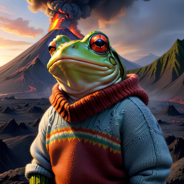 Dessin d'une grenouille dans un pull dans le volcan