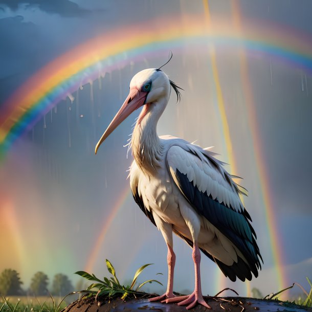 Photo d'un cri d'une cigogne sur l'arc-en-ciel