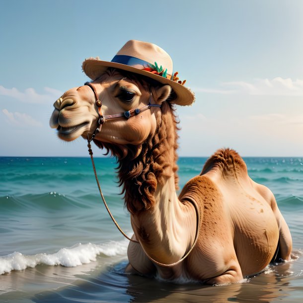 Foto de un camello en un sombrero en el mar