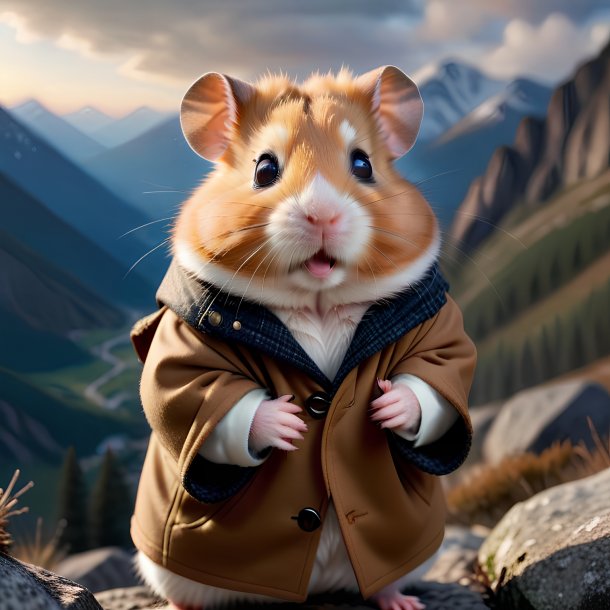 Picture of a hamster in a coat in the mountains