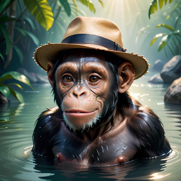 Foto de un chimpancé en un sombrero en el agua