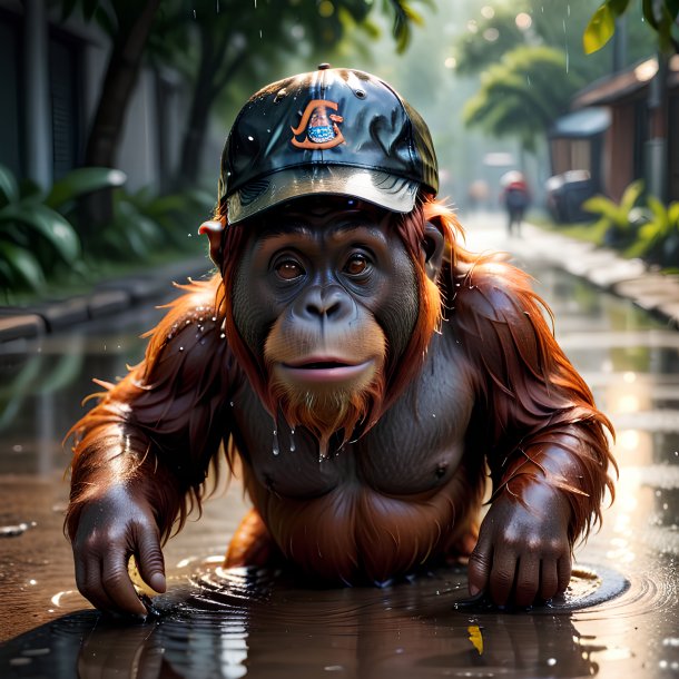 Photo of a orangutan in a cap in the puddle