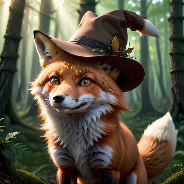 Image of a fox in a hat in the forest