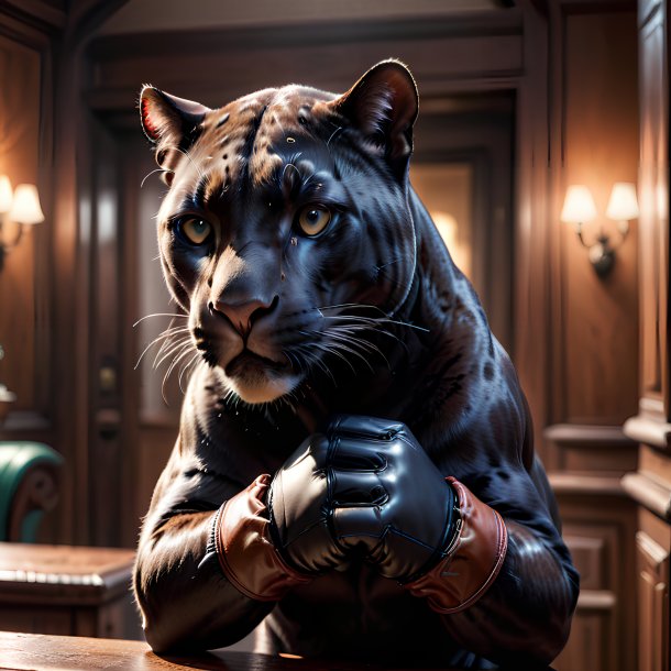 Photo of a panther in a gloves in the house