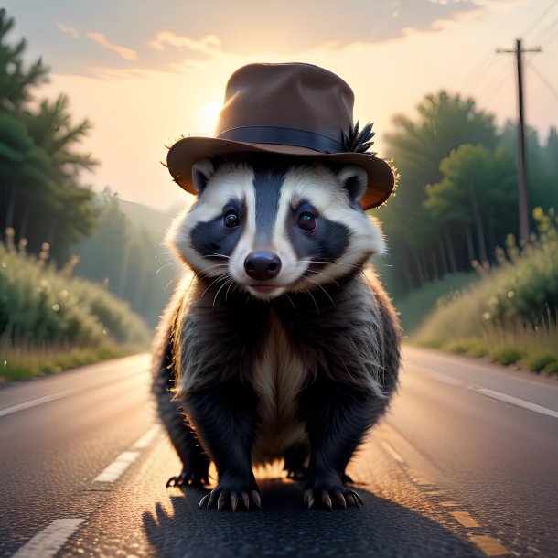 Picture of a badger in a hat on the road