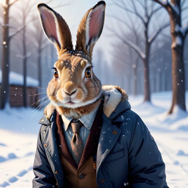 Image of a hare in a jacket in the snow