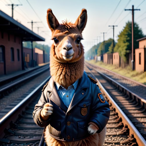 Photo of a llama in a jacket on the railway tracks