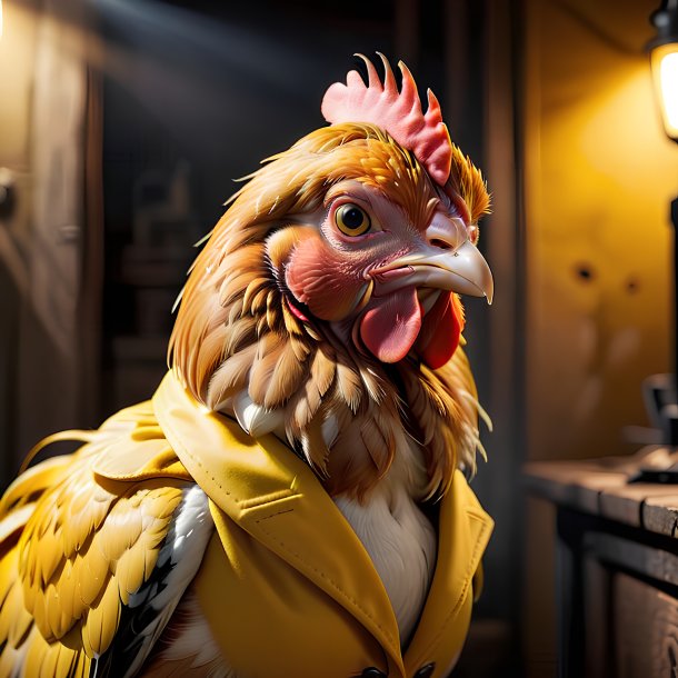 Photo d'une poule dans un manteau jaune