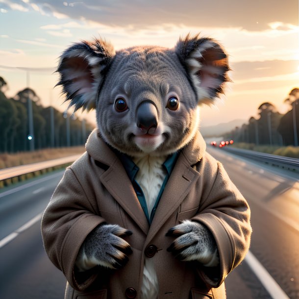 Pic d'un koala dans un manteau sur l'autoroute