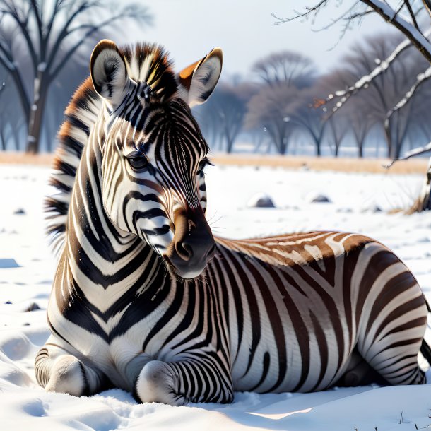 Picture of a resting of a zebra in the snow