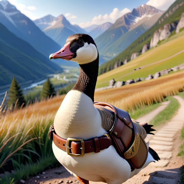 Photo of a goose in a belt in the mountains