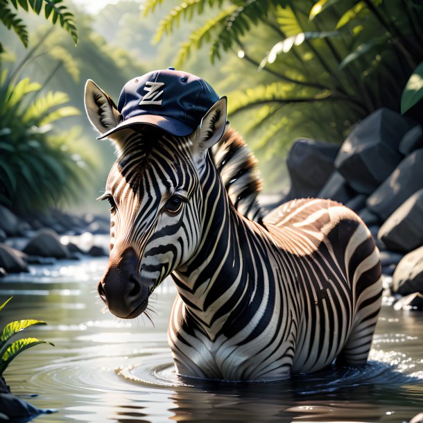 Picture of a zebra in a cap in the river