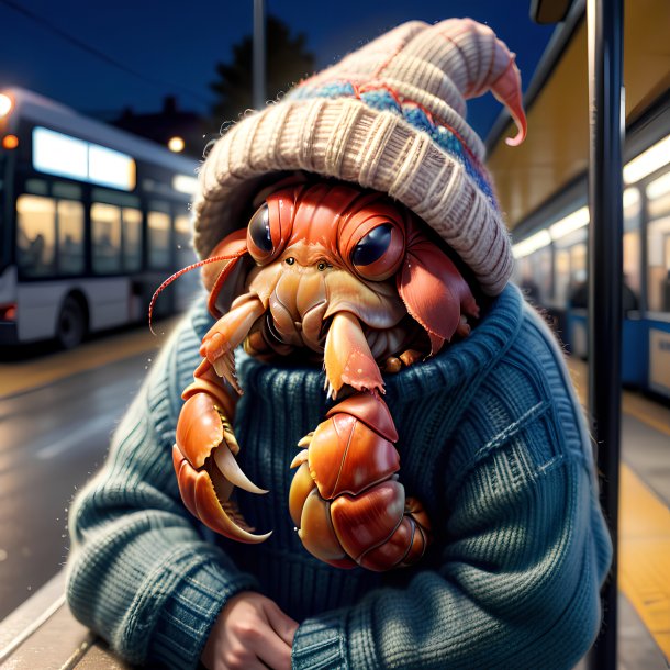 Drawing of a hermit crab in a sweater on the bus stop