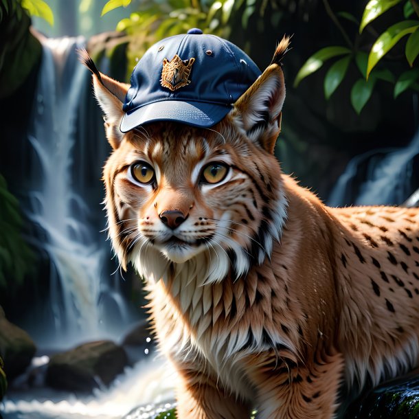 Image of a lynx in a cap in the waterfall