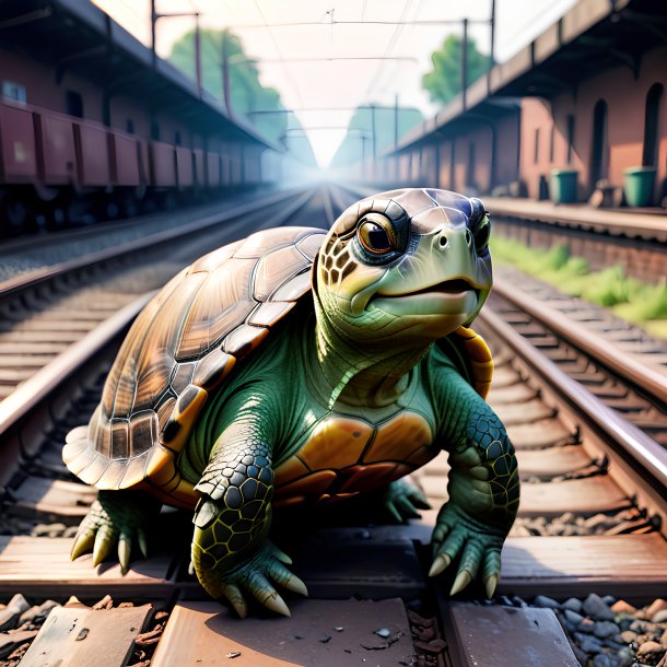 Image of a turtle in a gloves on the railway tracks