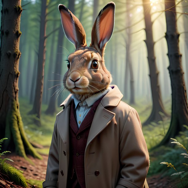 Image of a hare in a coat in the forest