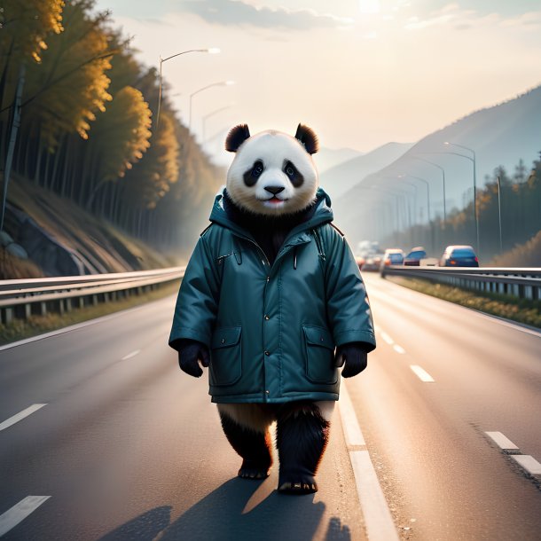 Picture of a giant panda in a coat on the highway