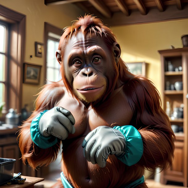 Image of a orangutan in a gloves in the house