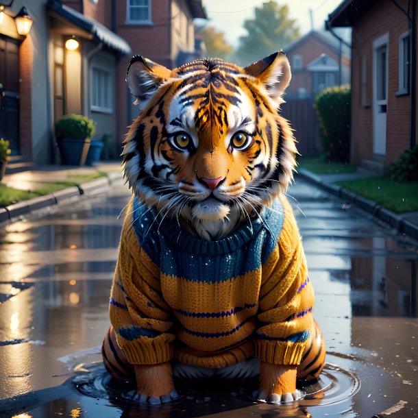 Image of a tiger in a sweater in the puddle