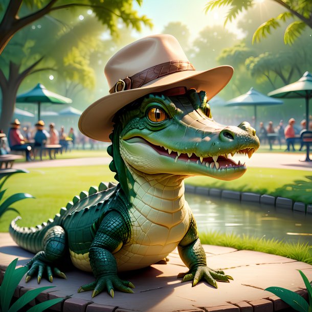 Illustration of a alligator in a hat in the park