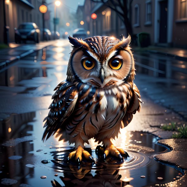 Image of a owl in a gloves in the puddle