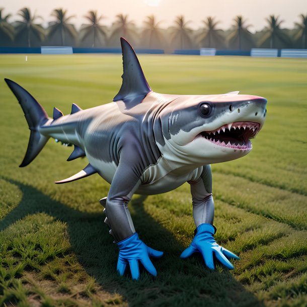 Photo of a hammerhead shark in a gloves on the field