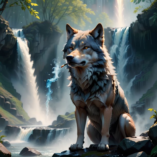 Image of a smoking of a wolf in the waterfall