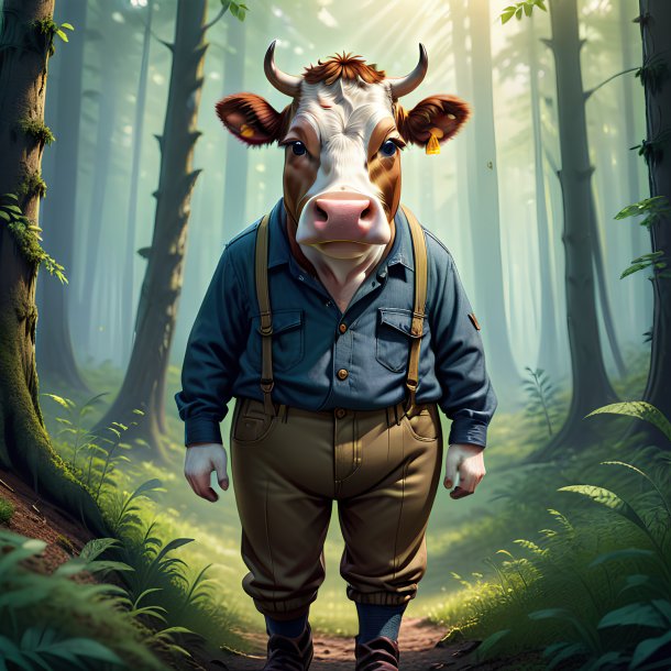 Illustration of a cow in a trousers in the forest