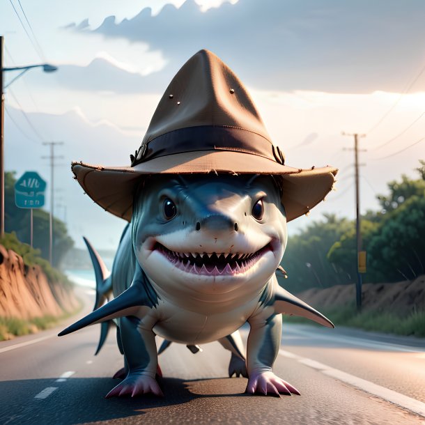 Photo of a shark in a hat on the road