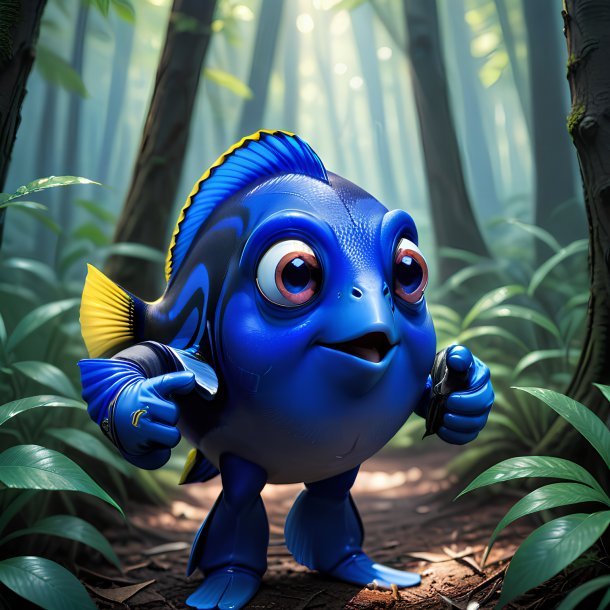 Image of a blue tang in a gloves in the forest