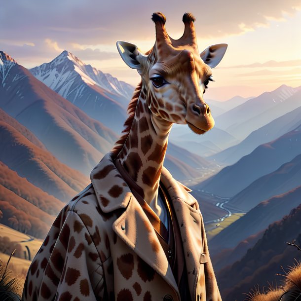 Illustration of a giraffe in a coat in the mountains