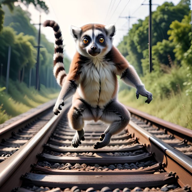 Picture of a jumping of a lemur on the railway tracks