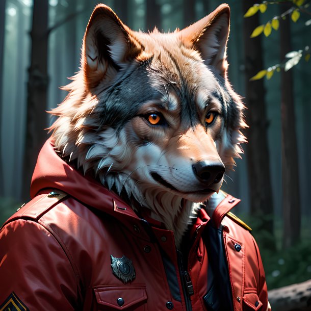 Foto de un lobo en una chaqueta roja