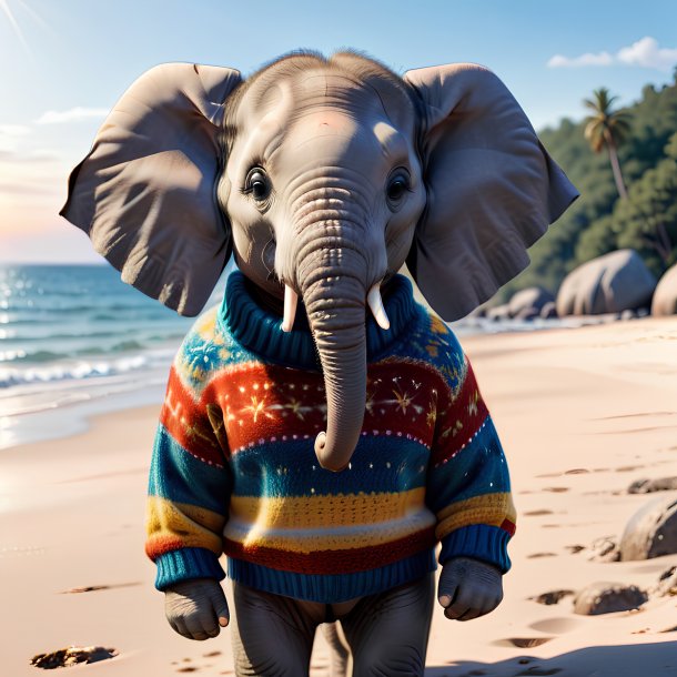 Foto de um elefante em um suéter na praia