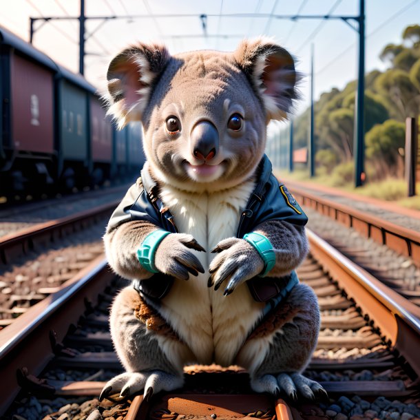 Pic of a koala in a gloves on the railway tracks