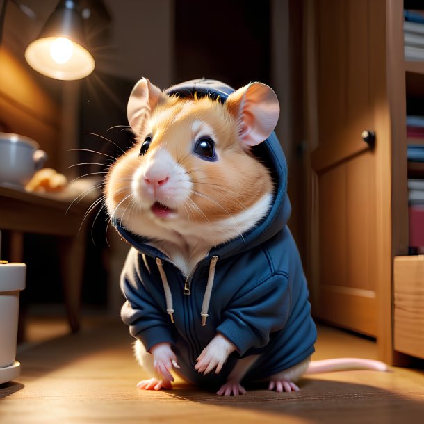 Picture of a hamster in a hoodie in the house